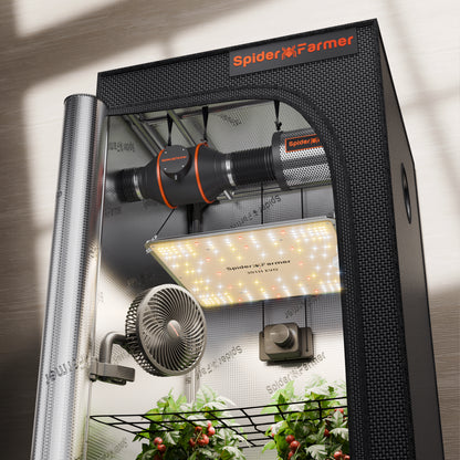 2025 Spider Farmer® 70x70x160cm Komplettes Grow Box-Set丨SF1000 Samsung 301H EVO Vollspektrum-LED丨6” Clip-Ventilator丨4” Grow Ventilator-System mit Drehknopfsteuerung