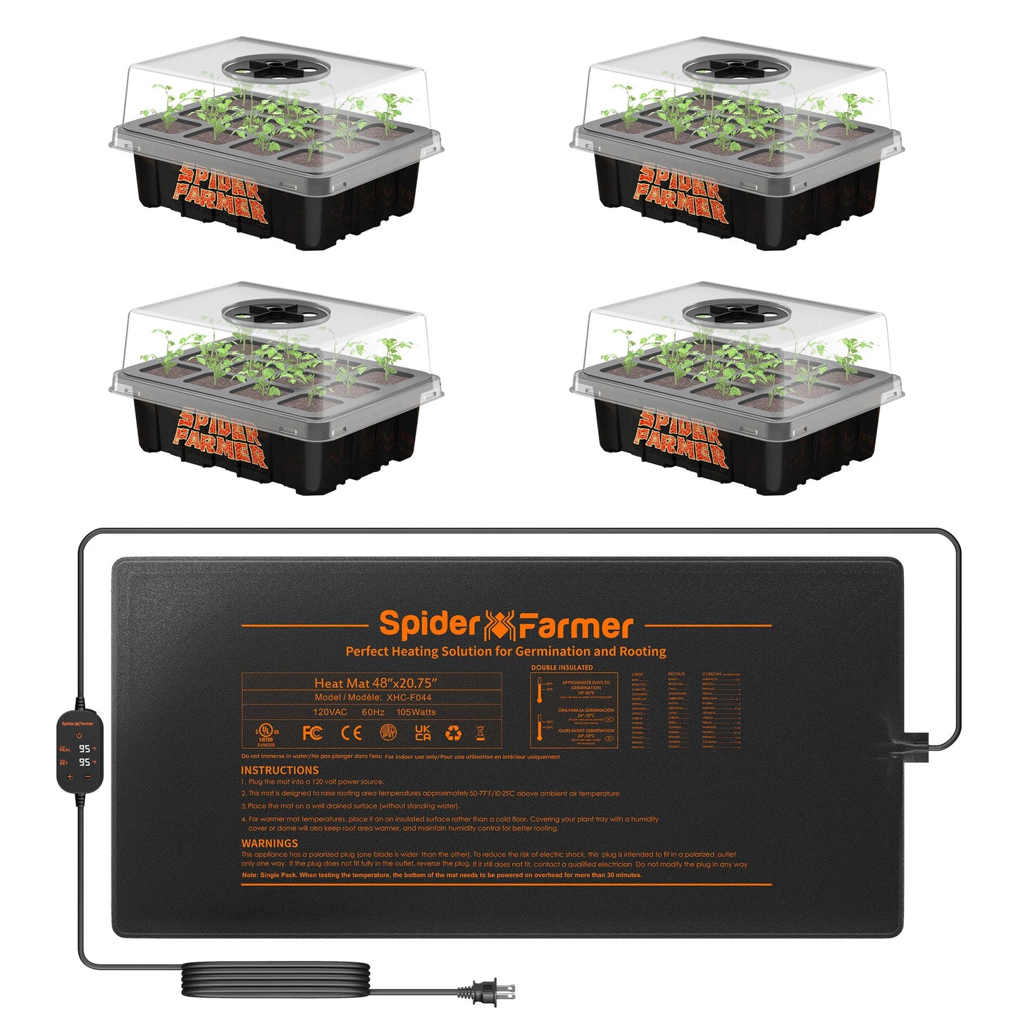 2025 New Spider Farmer 121 X 52cm Seedling Heat Mat With 4 Pack Seed Starter Trays