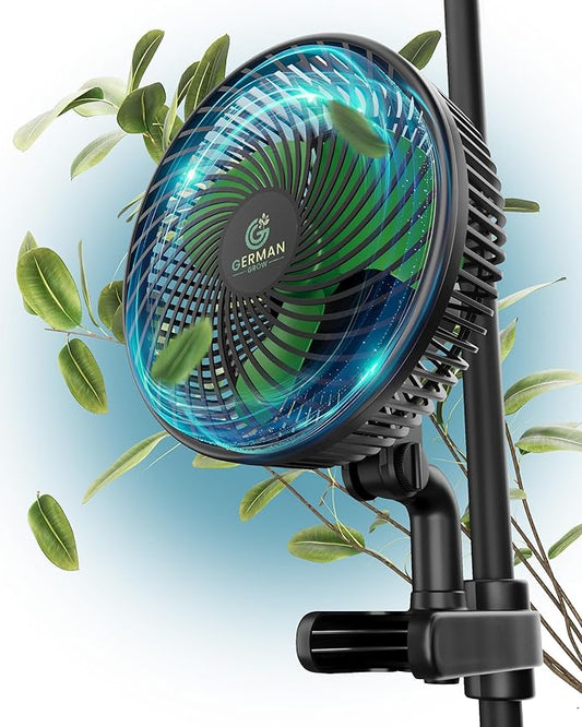 GermanGrow Grow-Ventilator G6 mit Clip [Stark&Stromsparend] ECO Motor 10W, 10-Leistungsstufen, Clip-Ventilator Oszillierend einfach einstellbar | Ventilator Growbox für gesundes Pflanzenwachstum